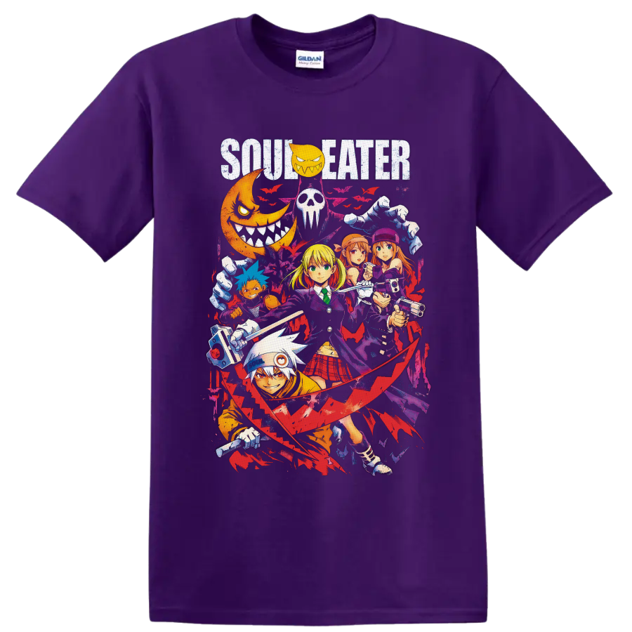 Soul Eater Maka Albarn and character collage with bats, scythe, moon, and gothic splatter on a Purple T Shirt