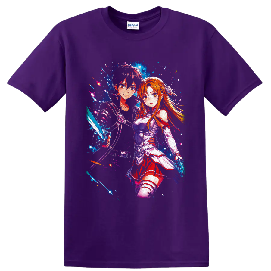 Kirito and Asuna Yuuki anime art with glowing swords and cosmic blue effects on a Purple T Shirt