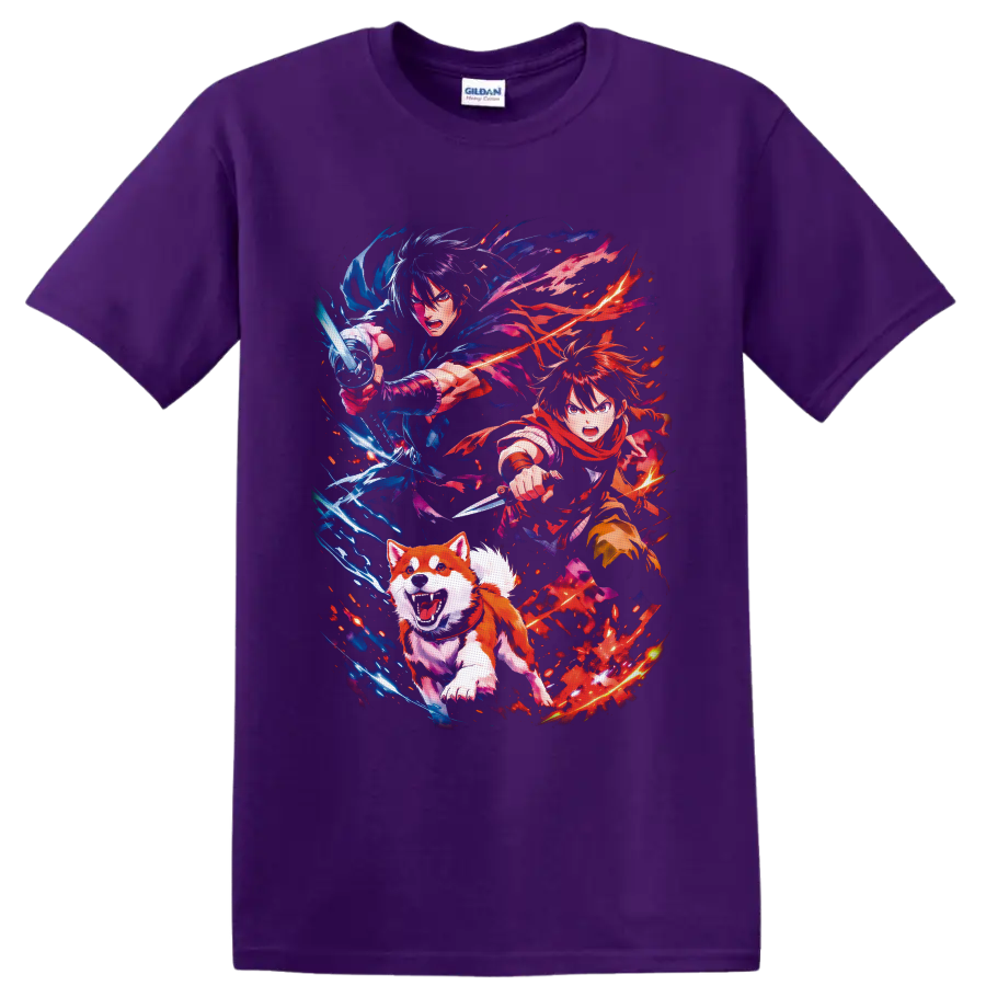 Ginga Nagareboshi Gin anime warriors and charging dog with blue and red energy on a Purple T Shirt