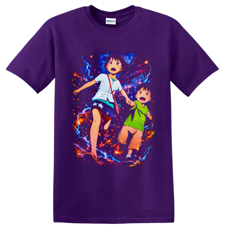 Mirai and Yuuki anime disaster scene with lightning, sparks, and a damaged city on a Purple T Shirt