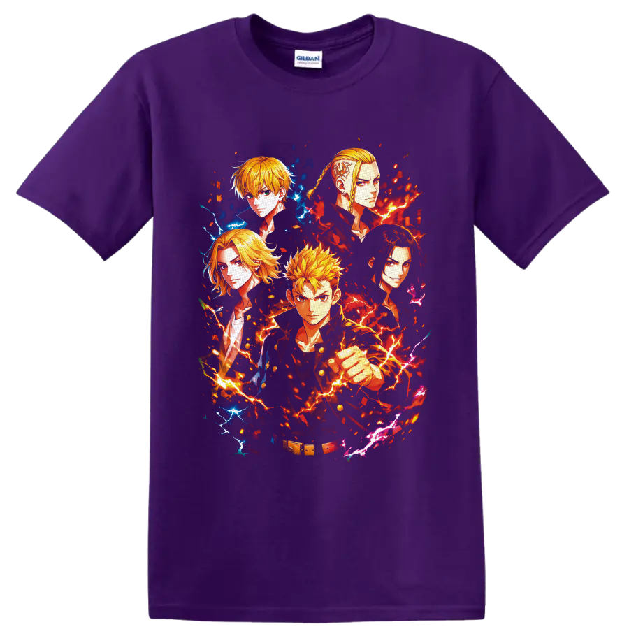 Tokyo Revengers character collage with Takemichi, Mikey, Draken, and fiery lightning on a Purple T Shirt
