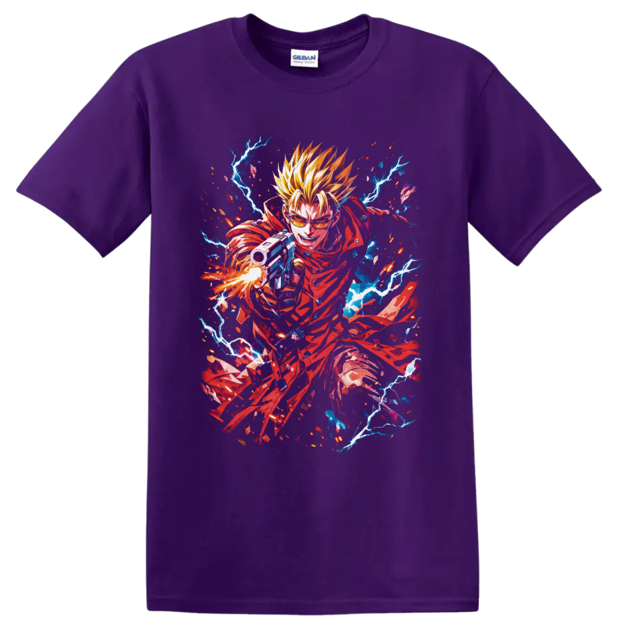 Vash the Stampede in red coat with gunfire, lightning, and vivid anime action art on a Purple T Shirt