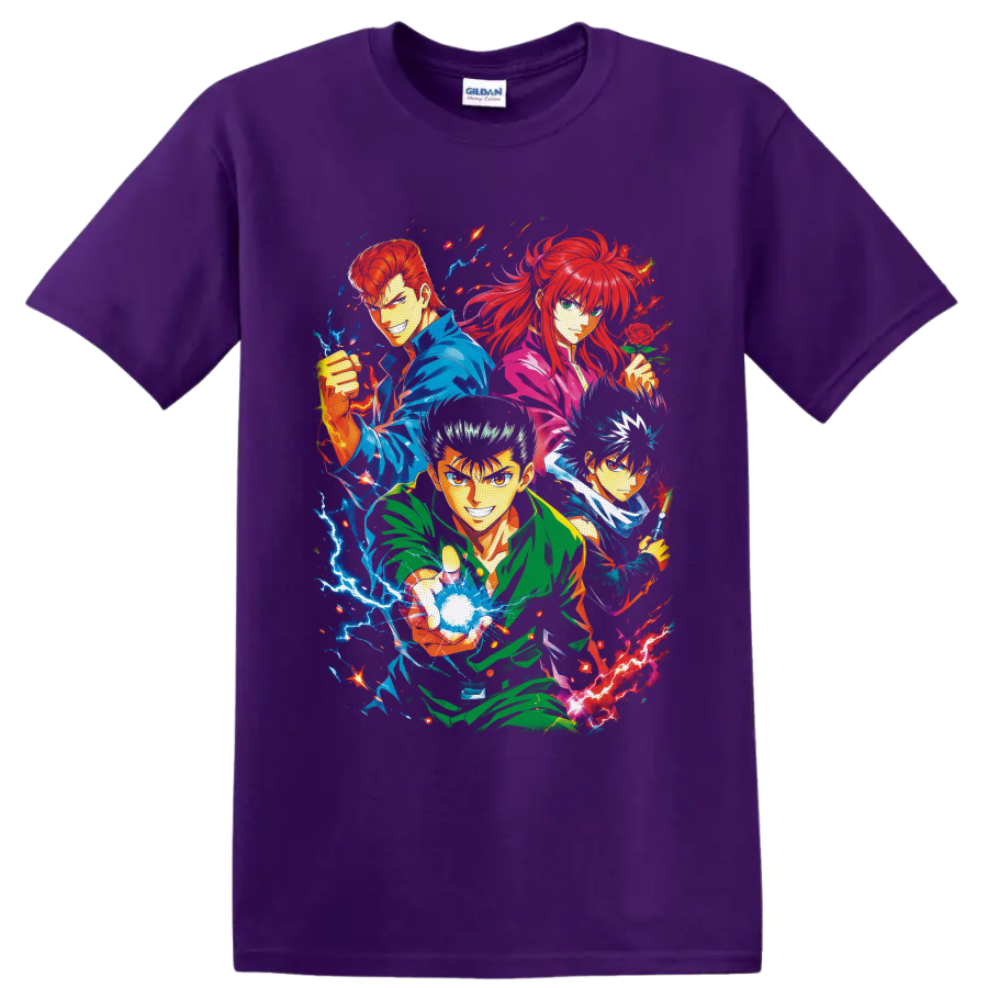 YuYu Hakusho team anime collage with Yusuke, Kuwabara, Kurama, Hiei and electric energy on a Purple T Shirt