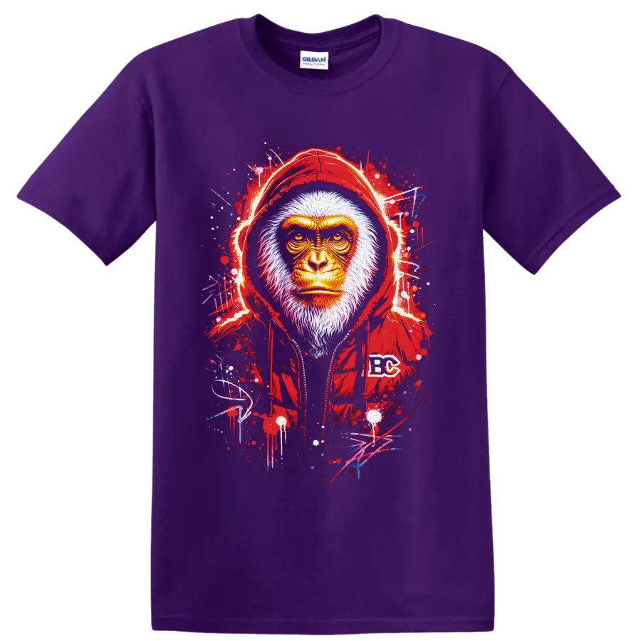 Fierce hooded gorilla portrait with paint splatters and graffiti-style strokes on a Purple T Shirt