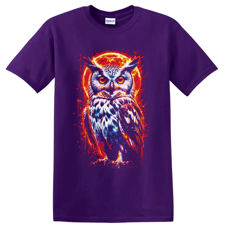 Neon owl with fiery eyes before a glowing moon in vivid gothic splatter art on a Purple T Shirt