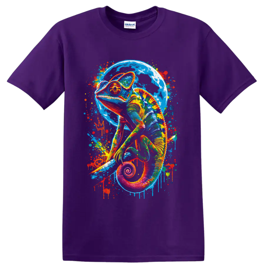 Colorful chameleon with blue moon backdrop and vibrant paint-splatter graffiti art on a Purple T Shirt
