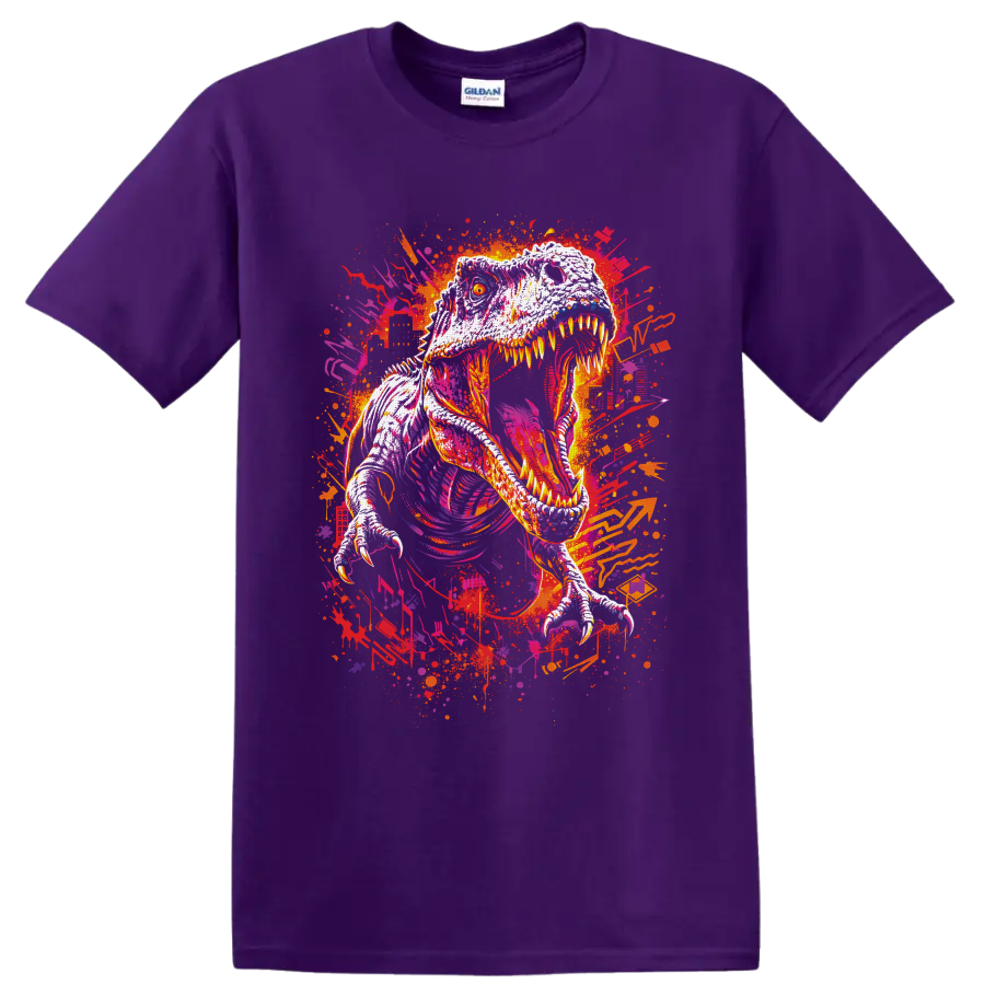 Roaring Tyrannosaurus rex in neon graffiti art with paint splatters on a Purple T Shirt