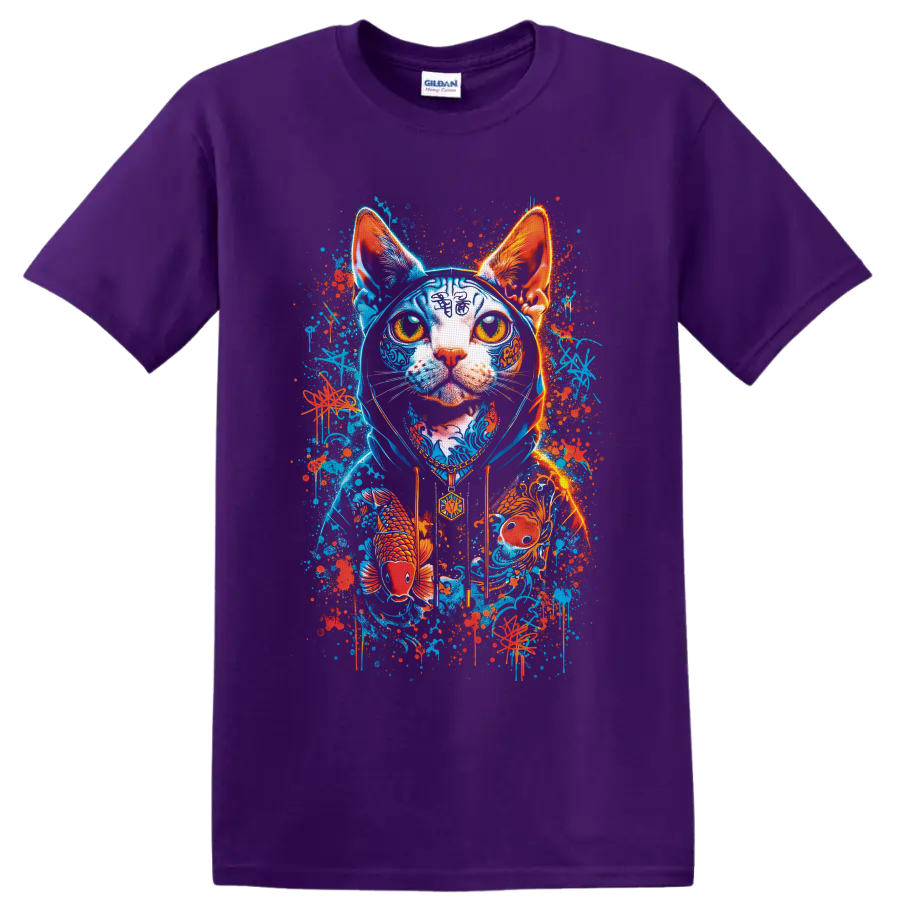 Neon graffiti hairless cat portrait with koi fish, waves, and paint splatters on a Purple T Shirt