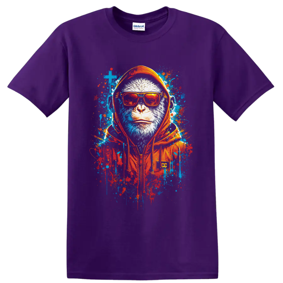 Monkey in red sunglasses and orange headphones with blue and red graffiti splatters on a Purple T Shirt