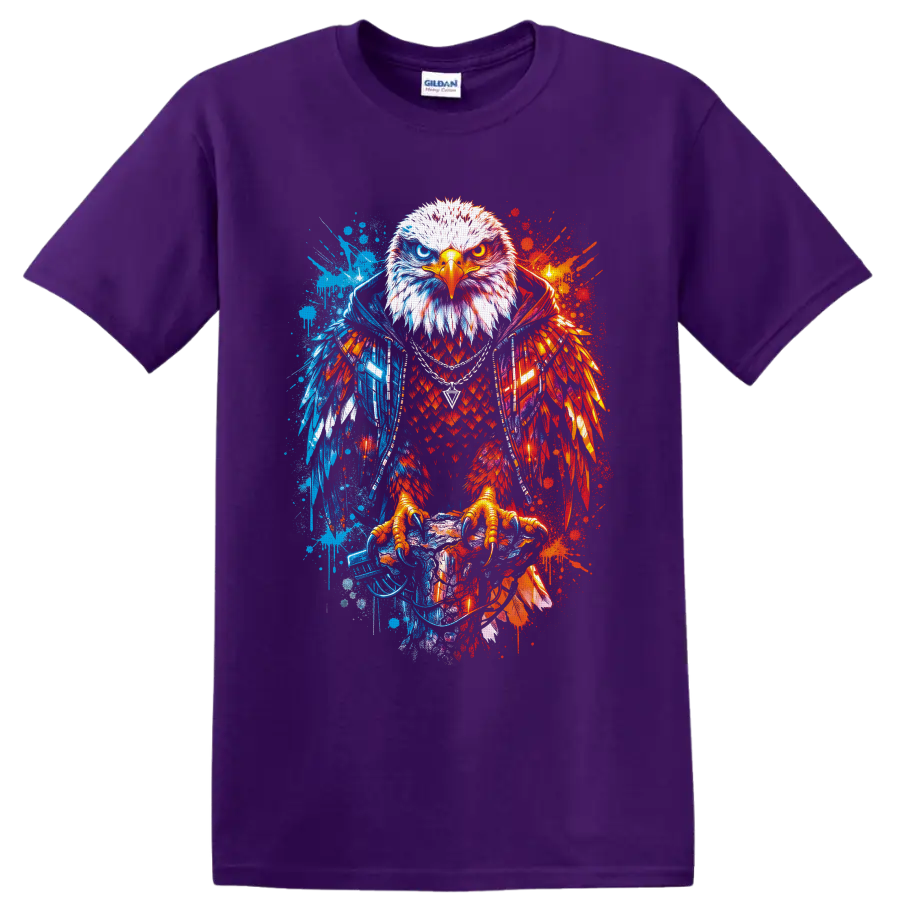 Fierce bald eagle with split red and blue graffiti splatter wings on a Purple T Shirt