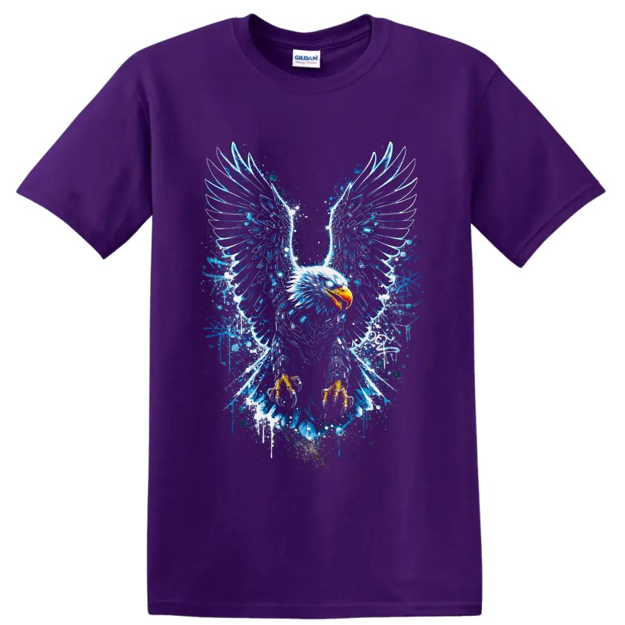 Bald eagle with electric blue grunge wings, splatters, and golden talons on a Purple T Shirt