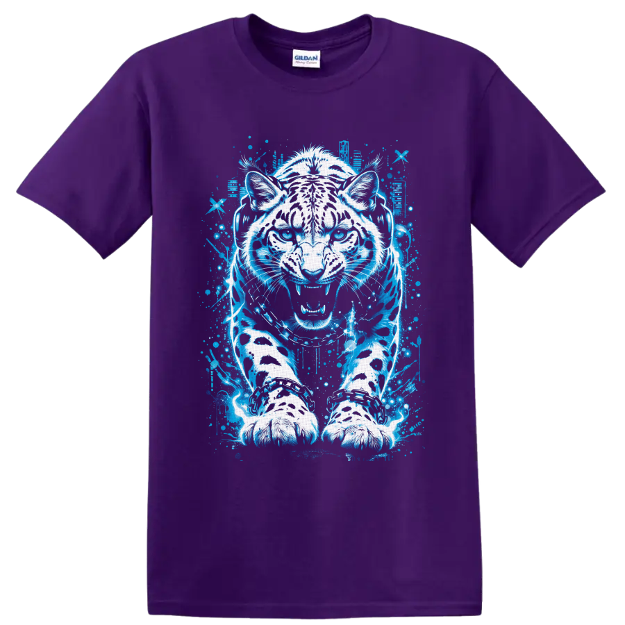 White tiger in headphones with neon blue graffiti-style splatter artwork on a Purple T Shirt