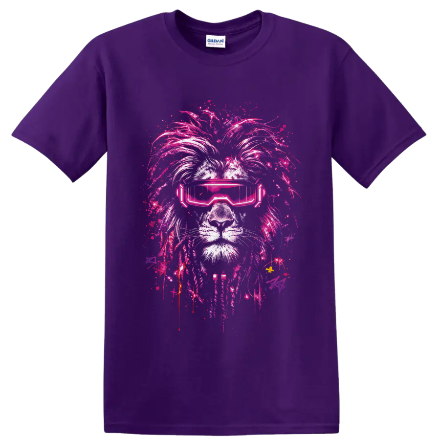 Cyberpunk lion portrait with neon pink visor and paint-splattered graffiti mane on a Purple T Shirt