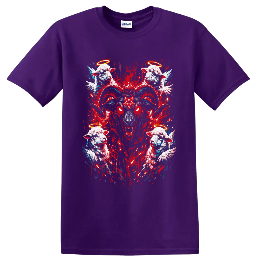 Gothic horned ram with pentagram, angel lambs, halos, wings, and red grunge art on a Purple T Shirt