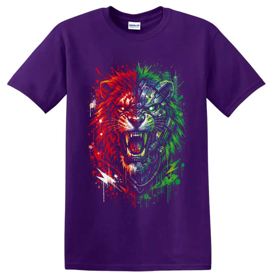 Roaring cyborg lion in red and green glitch graffiti art on a Purple T Shirt