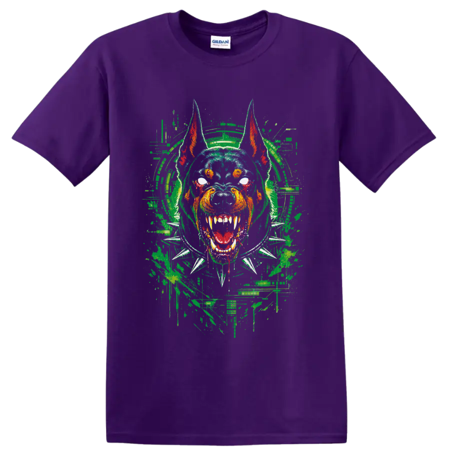 Angry bulldog in headphones and spiked collar with distressed graffiti art on a Purple T Shirt