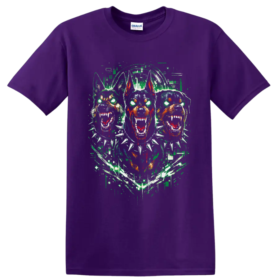 Three snarling Doberman-style dogs in distressed gothic horror street art on a Purple T Shirt