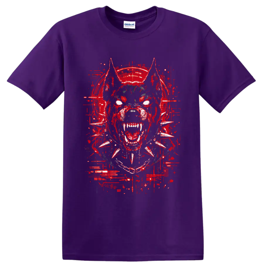 Snarling cyberpunk bulldog with white eyes, fangs, spiked collar, and red glitch art on a Purple T Shirt