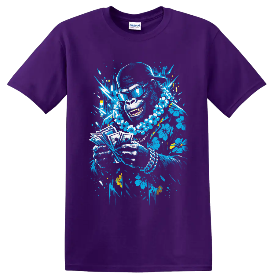 Tropical musician portrait with sunglasses, flower lei, playing cards, and paint splatters on a Purple T Shirt