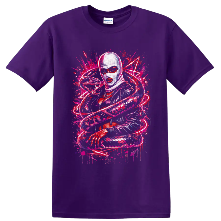 Neon graffiti illustration of a masked woman surrounded by a coiling fanged snake on a Purple T Shirt