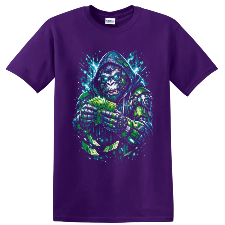 Hooded cyberpunk gorilla with robotic armor, cash, and blaster in graffiti art on a Purple T Shirt