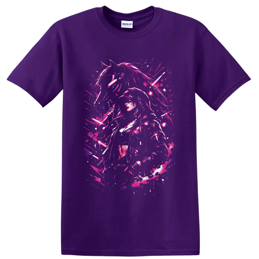 Cyberpunk female warrior and mechanical horse in neon pink and blue glitch art on a Purple T Shirt