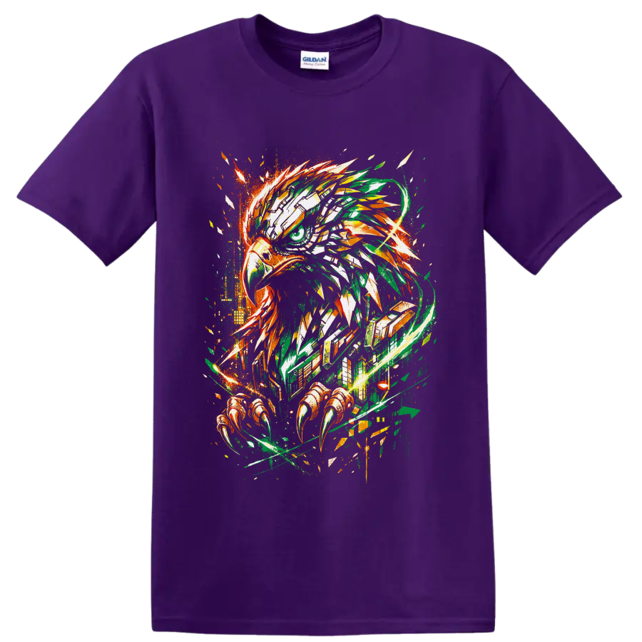 Abstract eagle head with talons in green and orange graffiti-style splatter art on a Purple T Shirt