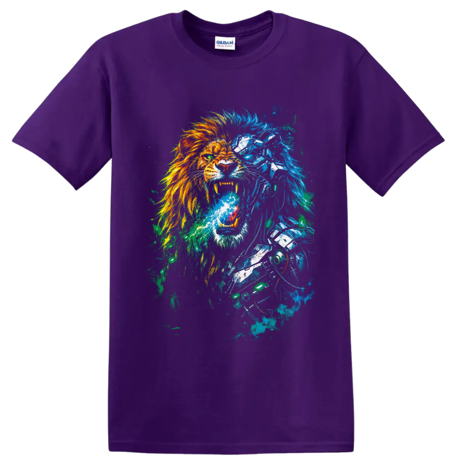Roaring cyborg lion with fiery mane, blue robotic armor, and cyberpunk paint splatter on a Purple T Shirt