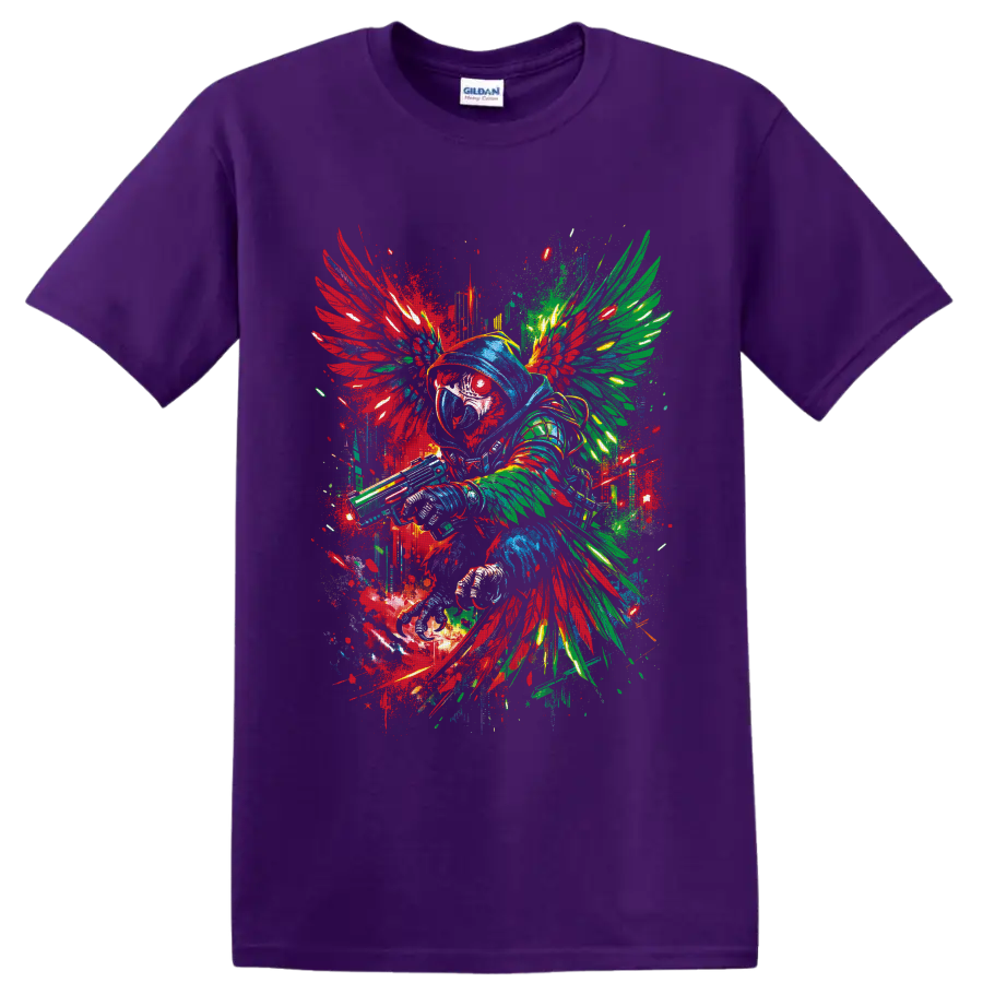 Hooded winged warrior in colorful fantasy graffiti art with paint splatters on a Purple T Shirt