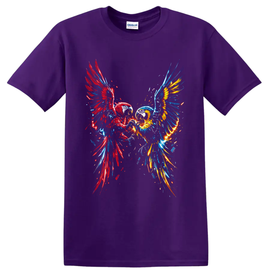 Two bald eagles with red, blue, and gold fire wings in explosive graffiti art on a Purple T Shirt