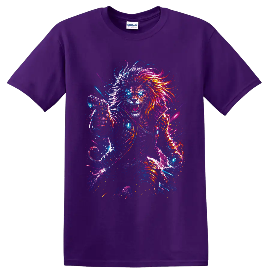 Roaring cyberpunk lion warrior with neon mane, armor, glowing eyes, and sci fi blaster on a Purple T Shirt
