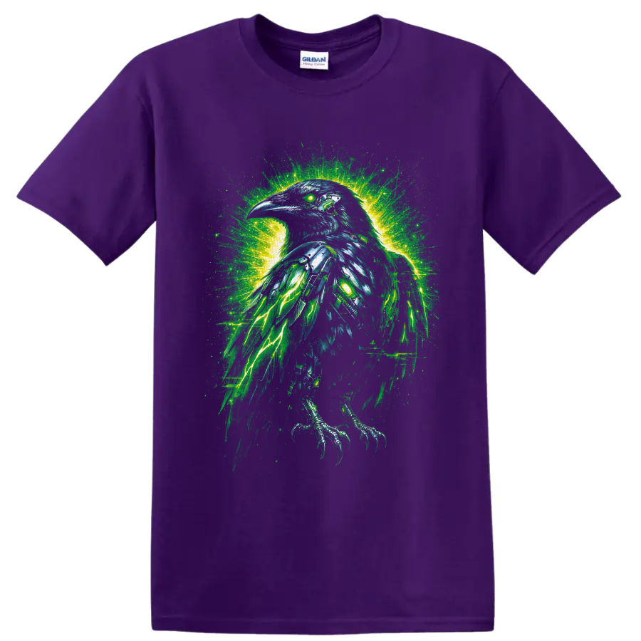 Gothic fantasy raven with glowing green eye, teal feathers, and electric lightning on a Purple T Shirt