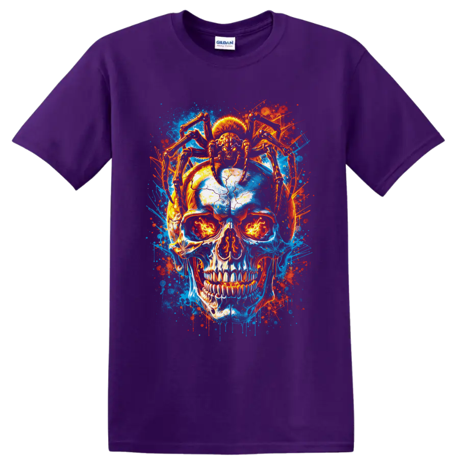 Neon blue and fiery red cracked skull with skeletal spider legs and glowing eyes on a Purple T Shirt