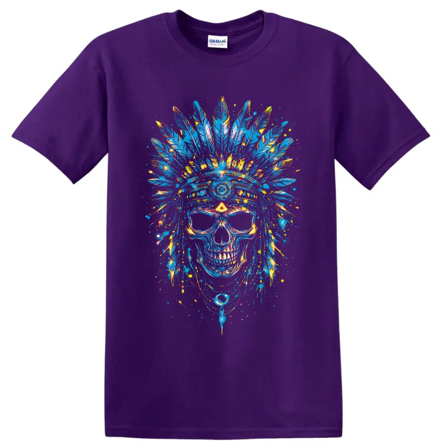 Colorful skull with feather headdress in vivid graffiti splatter art on a Purple T Shirt