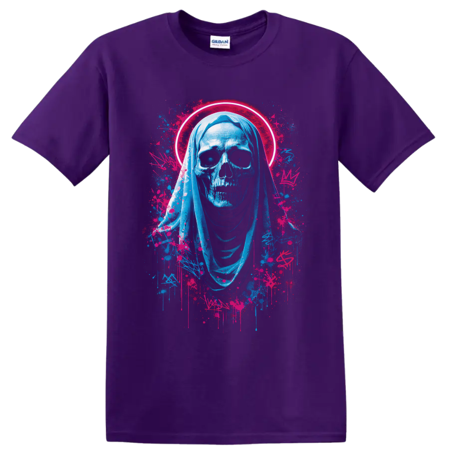 Neon blue hooded Grim Reaper skull with hot-pink halo and graffiti paint splatters on a Purple T Shirt