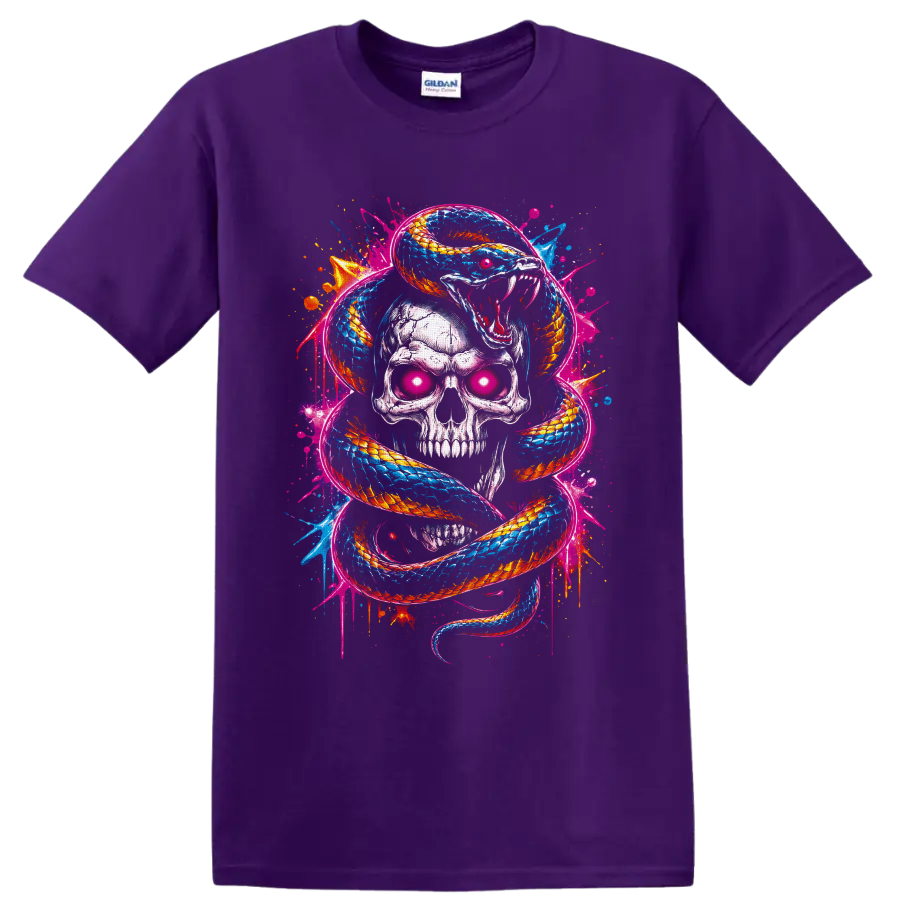 Neon graffiti-style skull with glowing pink eyes wrapped in a blue and orange snake on a Purple T Shirt