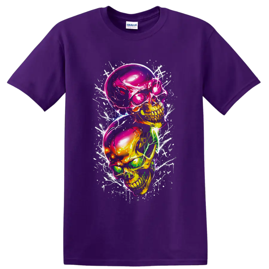 Two stacked neon skulls in glossy gothic graffiti art with white scratch and splatter on a Purple T Shirt