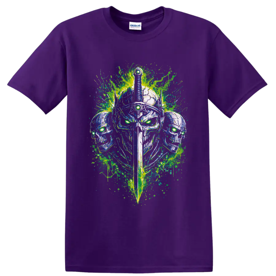 Cyberpunk armored skull warrior with sword, glowing green eyes, and paint splatters on a Purple T Shirt