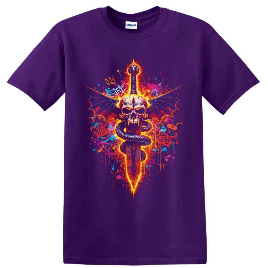 Fiery gothic skull with sword, coiled serpent, bat wings, and graffiti splatters on a Purple T Shirt