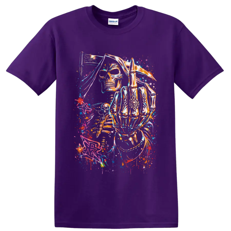 Neon grim reaper skeleton with scythe in cosmic graffiti art on a Purple T Shirt
