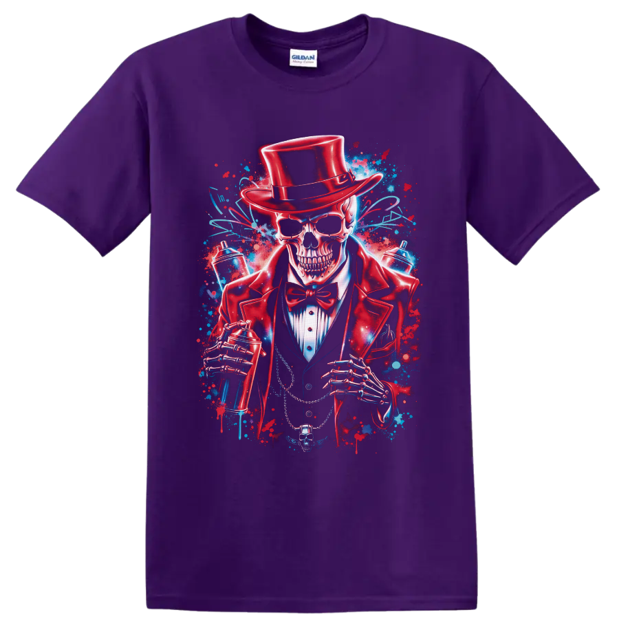 Top-hatted skeleton gentleman with spray cans in vivid red and blue graffiti art on a Purple T Shirt