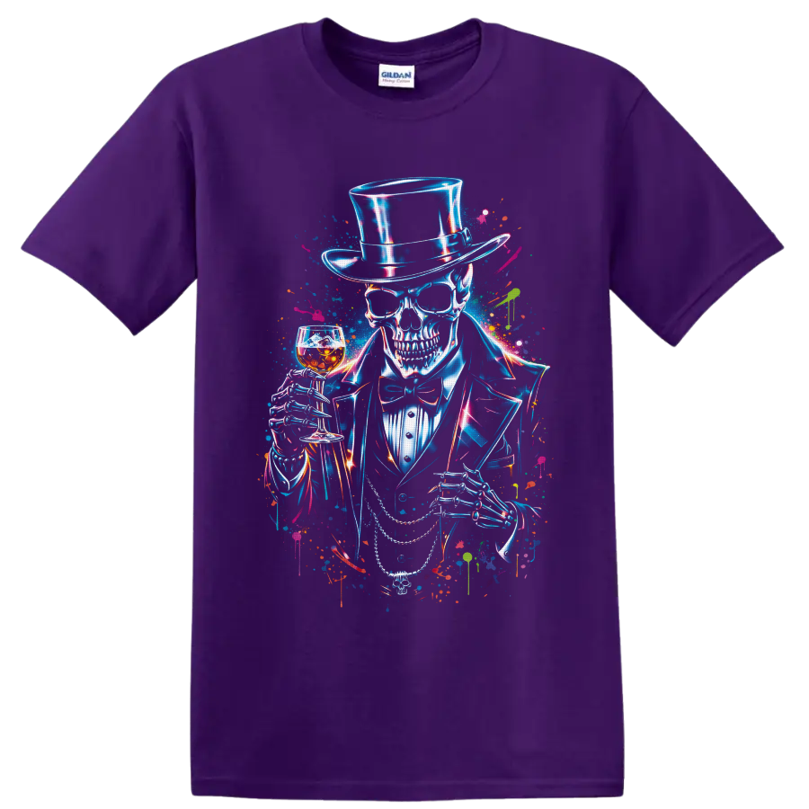 Neon gothic skeleton in top hat holding whiskey glass and cane splatter art on a Purple T Shirt