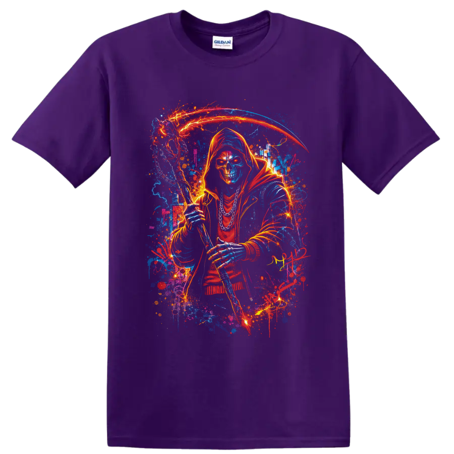 Neon hooded Grim Reaper skull holding a glowing scythe amid lightning and paint splatters on a Purple T Shirt