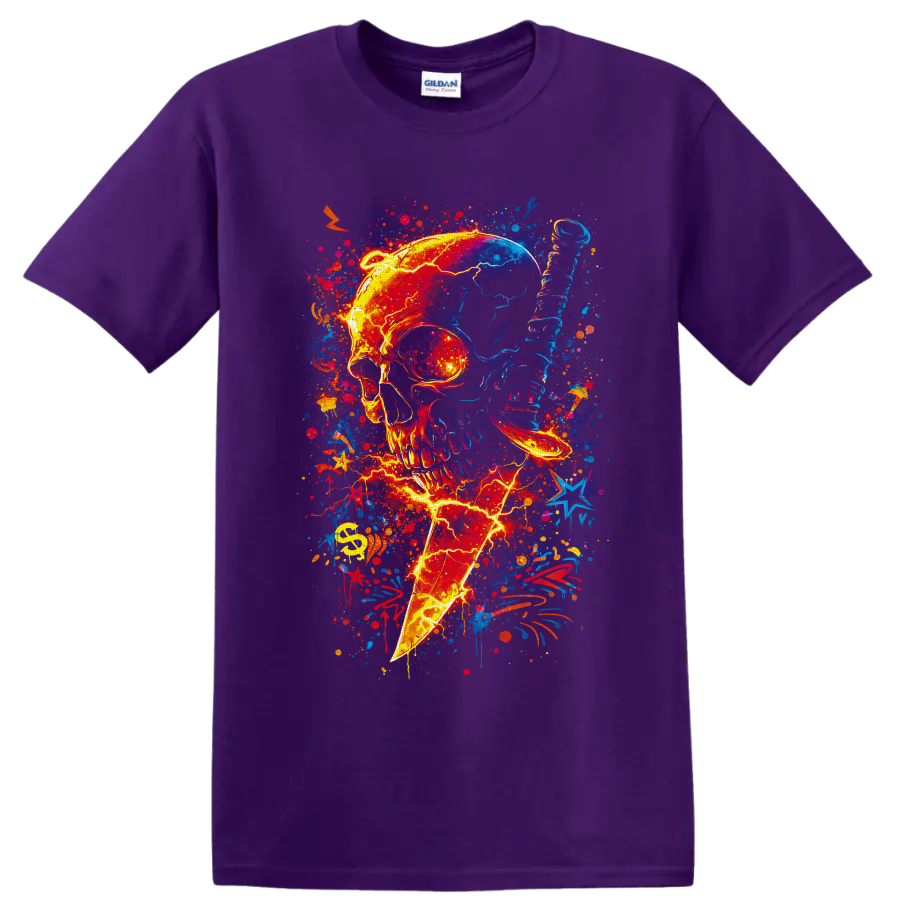 Neon skull pierced by lightning bolt with vibrant graffiti splatters and stars on a Purple T Shirt