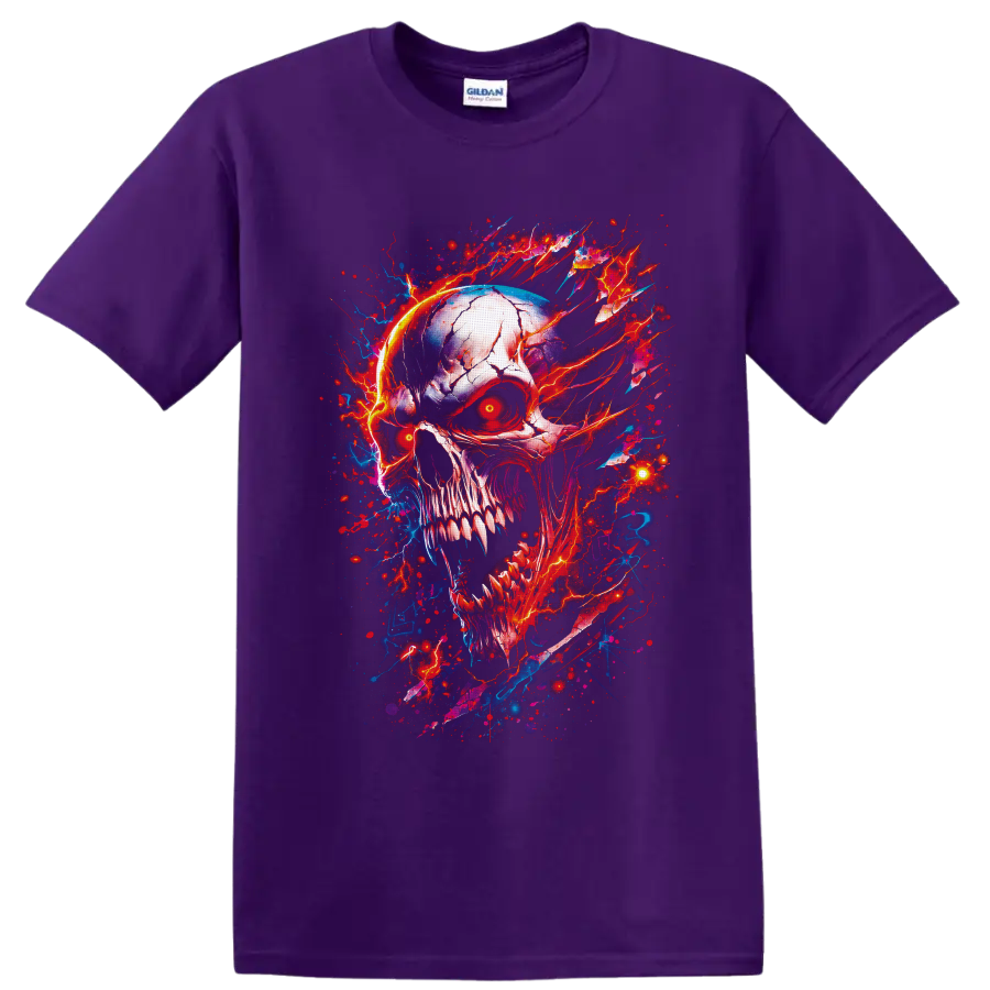 Cracked horror skull with glowing red eyes and red-blue lightning splatter art on a Purple T Shirt