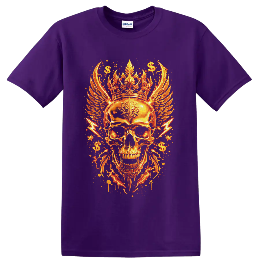 Golden crowned skull with feathered wings, dollar signs, stars, and lightning on a Purple T Shirt