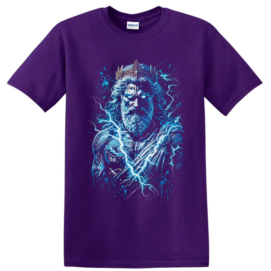 Zeus-inspired crowned lightning god in electric blue storm graffiti art on a Purple T Shirt