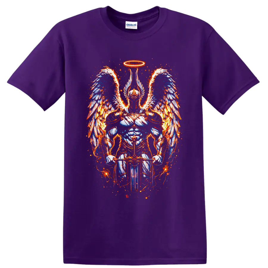 Armored angelic warrior with halo, fiery blue feathered wings, and sword fantasy art on a Purple T Shirt