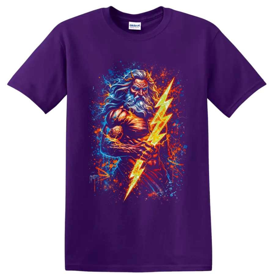 Bearded thunder god warrior holding a glowing lightning bolt in vibrant graffiti art on a Purple T Shirt
