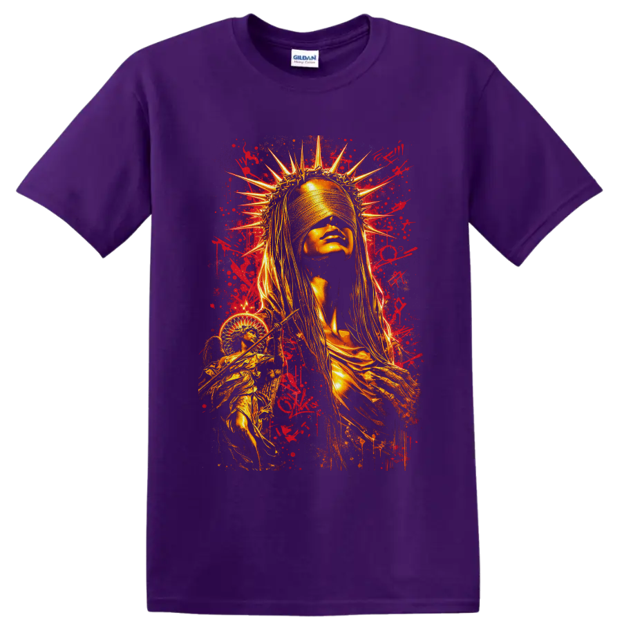 Golden blindfolded crowned woman with graffiti splatters and winged liberty-inspired on a Purple T Shirt